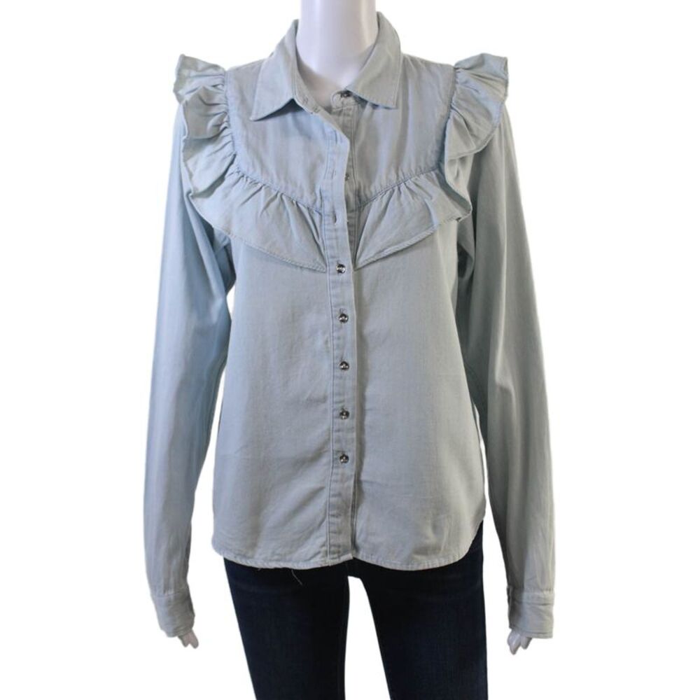 Intermix Women Light Blue Cotton Button-Up Blouse Long Sleeve Size L